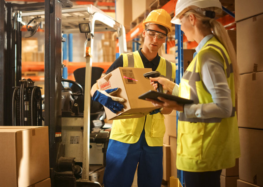 two workers scan boxes