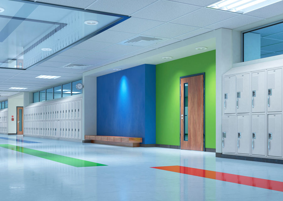 school hallway lined with lockers