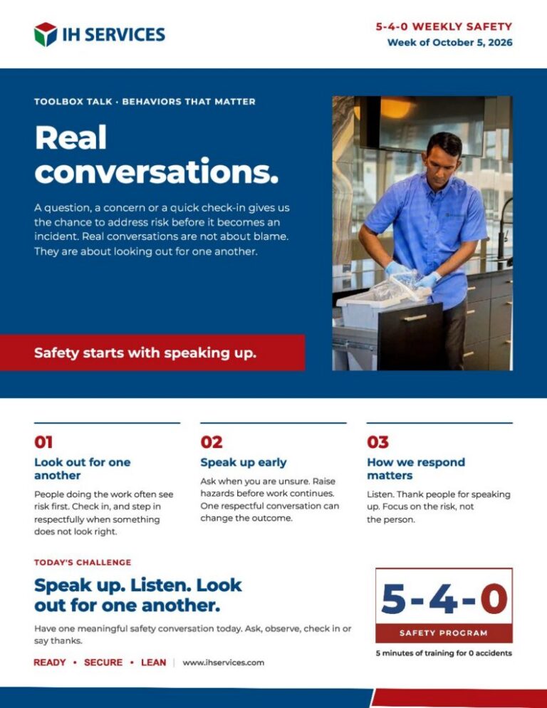 IH Services 5-4-0 Weekly Safety poster, week of October 5, 2026: Real conversations. Safety starts with speaking up.