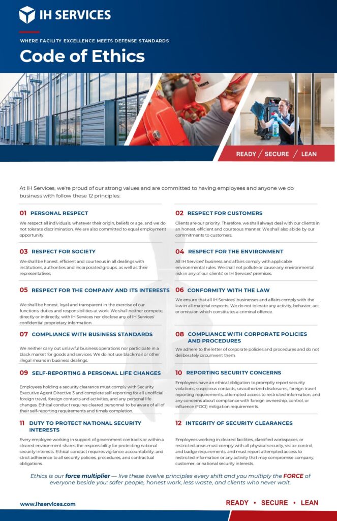 IH Services Code of Ethics, one-page PDF listing the 12 principles of the IH Services code of ethics